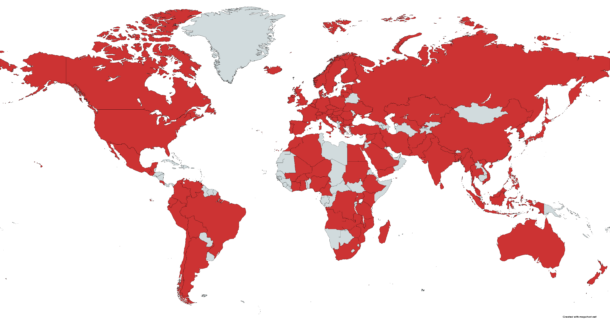 World map showing global coverage in red highlighting countries where life cycle assessment LCA methodology drives sustainable decision-making across international supply chains and environmental regulations