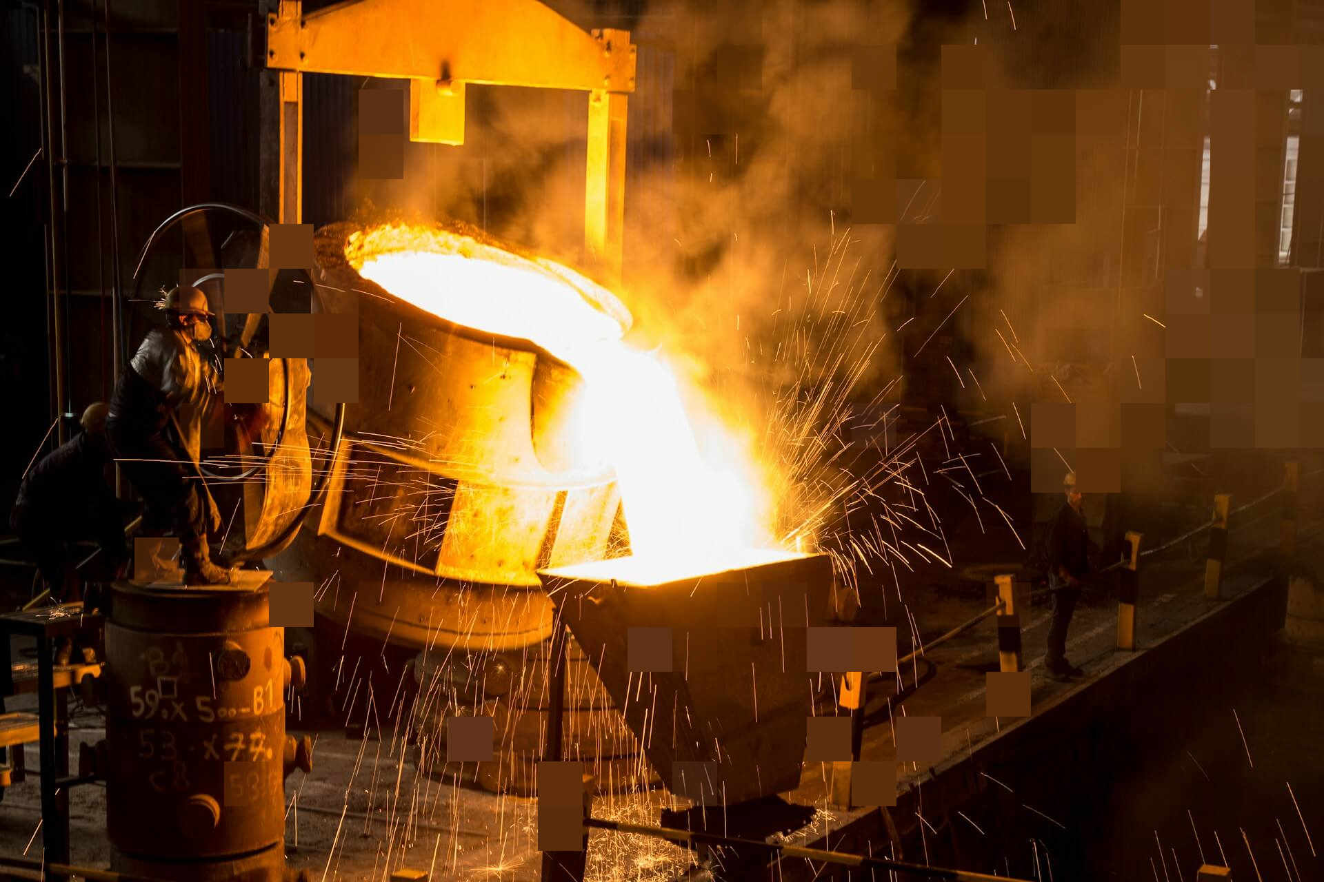 Workers pouring molten metal in a foundry, with flying sparks and a selective pixel effect.