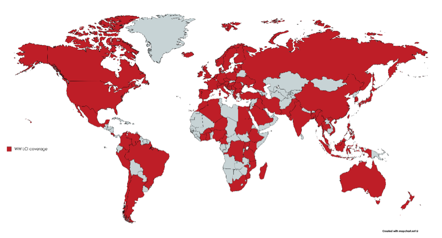 Geographical coverage of the country database in WW LCI.